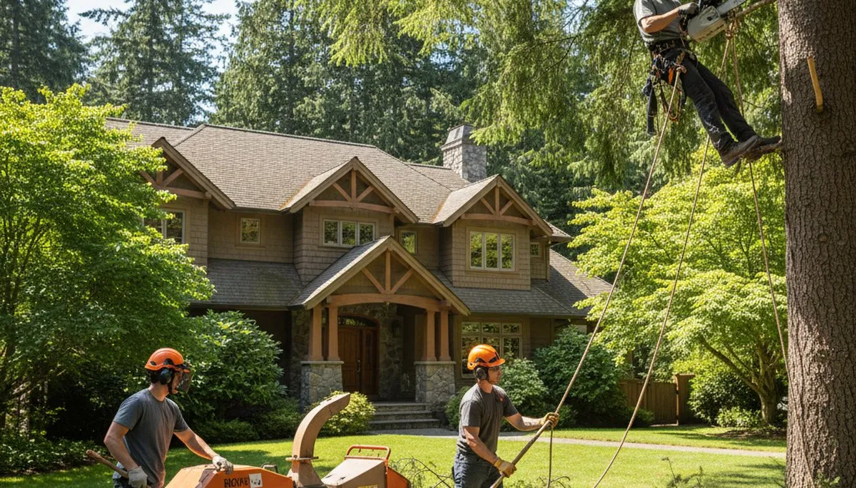 Seattle, WA tree service crew removing a hazardous tree near a home